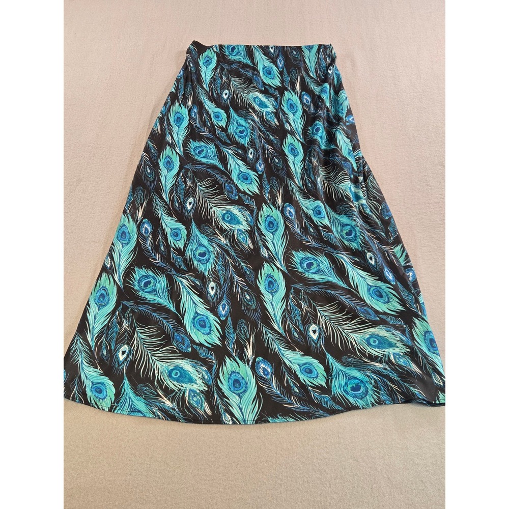 Blue Rain Francesca's Maxi Skirt Women S Blue Peacock Feather Print Side Slit - Picture 7 of 7